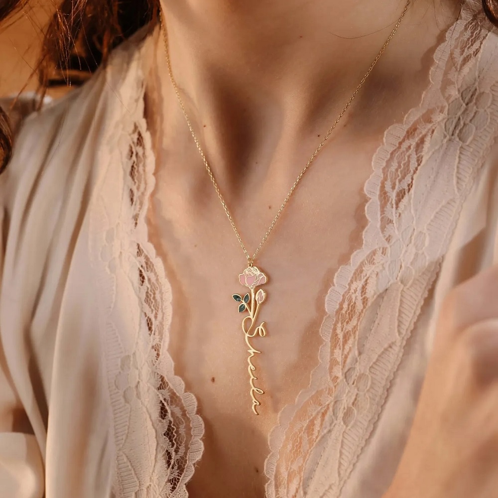 Birth Flower Necklace - Personalized Name Necklace With Birth Flower