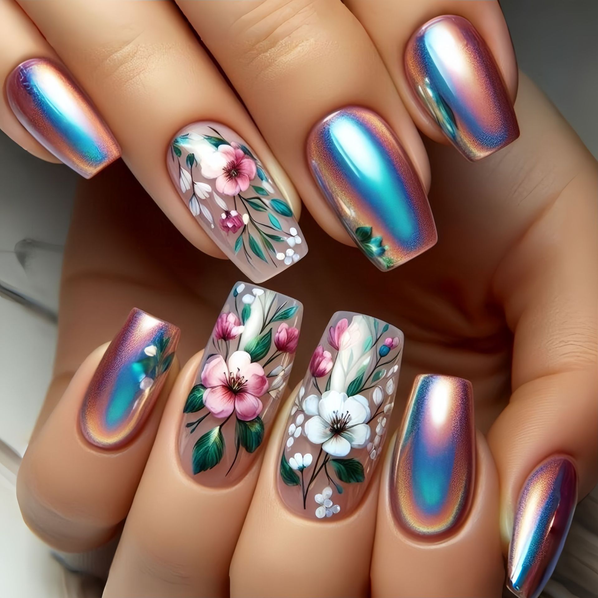 Medium long fake nails for wom - Pressed Flower Art ulasan dan harga