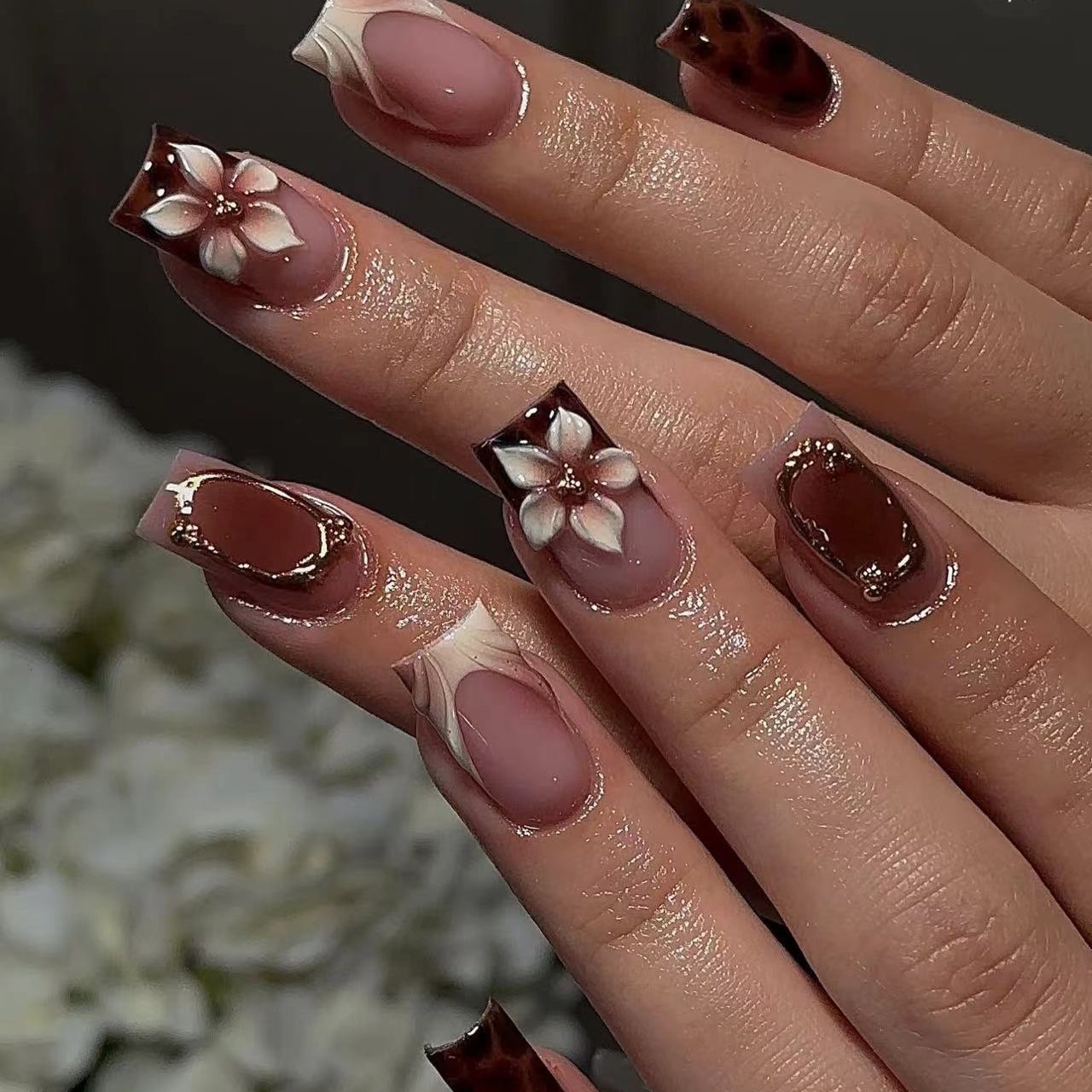 Short square fake nails for wo - Pressed Flower Art ulasan dan harga