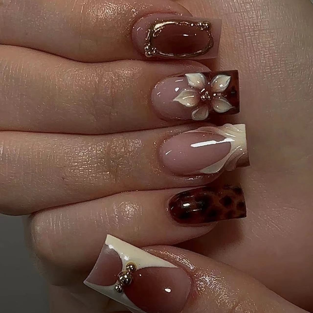 Short square fake nails for wo - Pressed Flower Art ulasan dan harga